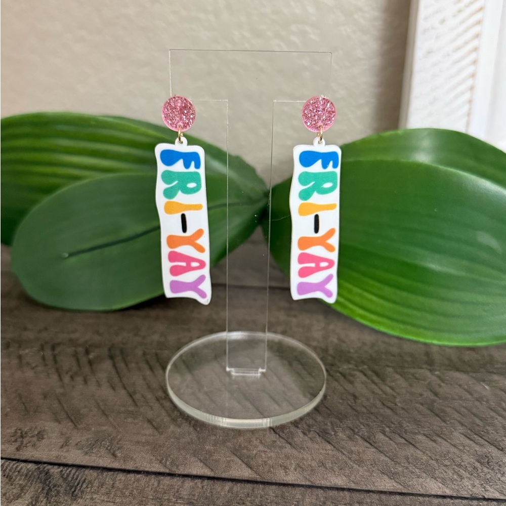 Colorful 'Fri-Yay' Earrings with Pink Glitter Studs
